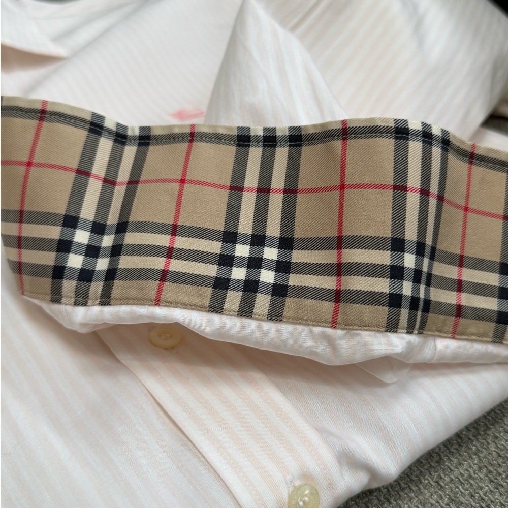 Burberry Men's Striped White Shirt with Check Cuffs - Picture 8 of 12